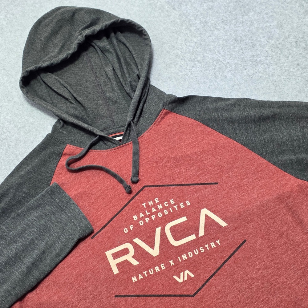 RVCA Men's‎ M Raglan Hoodie T-Shirt Red Charcoal Grey Graphic Logo Regular Fit